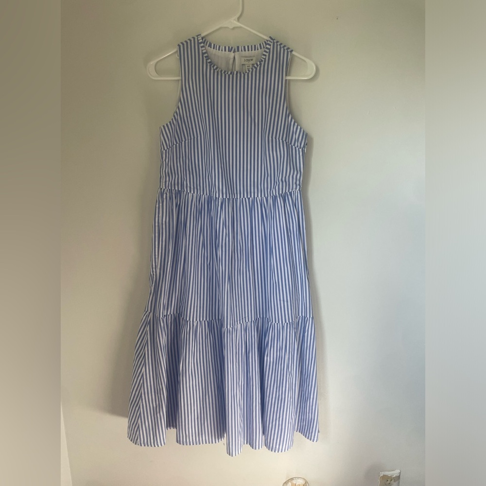 J Crew Cotton midi Ruffle Dress Womens Double 00 White Blue Stripe